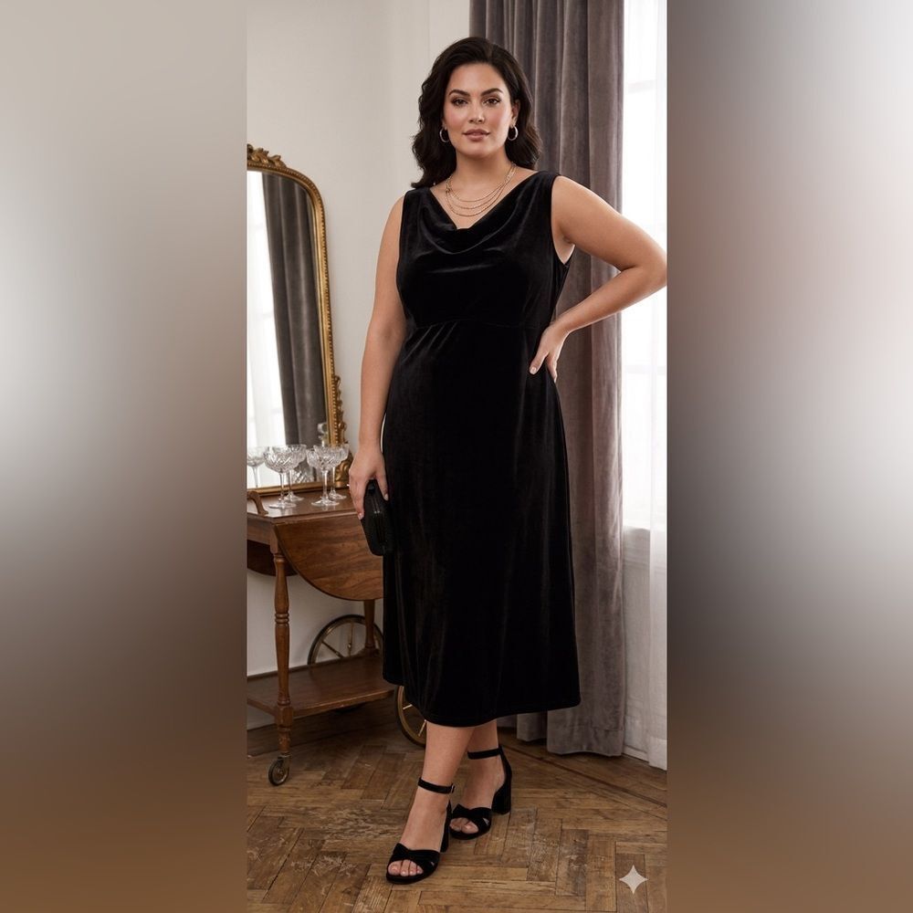 Jaclyn Smith Classic Empire Waist Draped Neck Black Velvet Midi Dress Size 22W